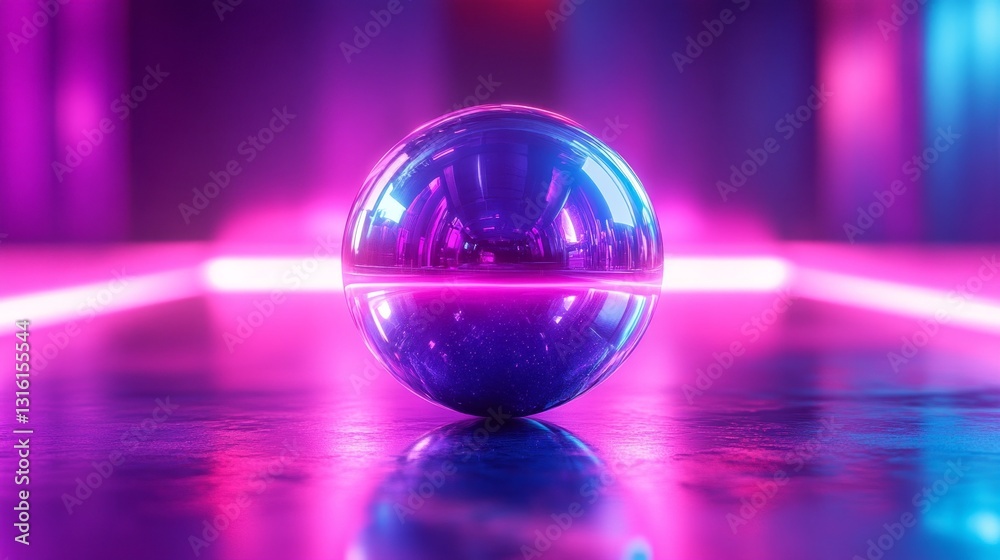 Poster a mirrored sphere rests on a glossy surface, surrounded by vivid pink and blue neon lights. the refl