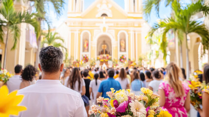 Colorful church ceremony with crowd and vibrant flowers