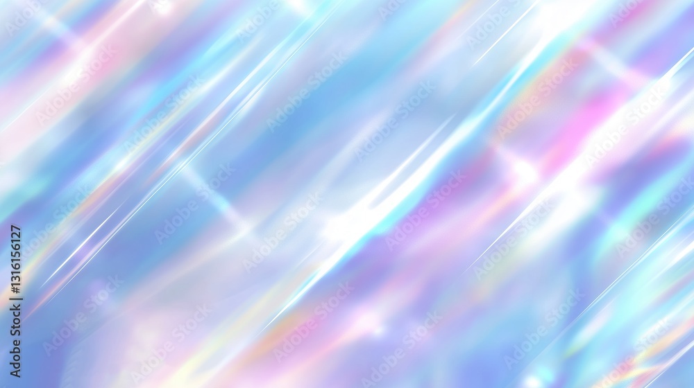 Poster Abstract pastel blue and white background with iridescent holographic light rays. Soft blurred effect creating an ethereal and dreamy atmosphere, with high resolution and hyper-realistic details.