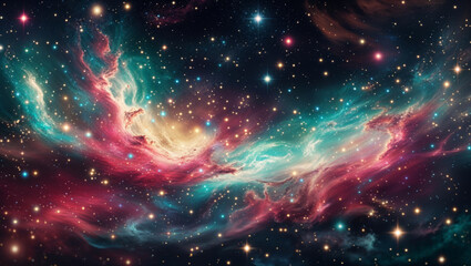 A mesmerizing nebula dances across the cosmos, swirling with teal, pink, and gold among distant stars.
