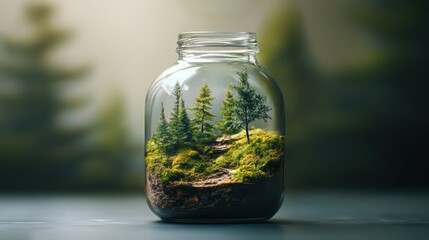 Miniature forest scene inside a glass jar on a table.