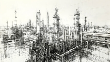 Fototapeta premium Detailed line drawing of an industrial refinery complex with towers, pipes, and structures