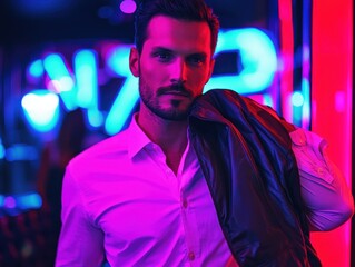 A stylish man with a jacket poses confidently under vibrant, colorful lighting in a modern setting.
