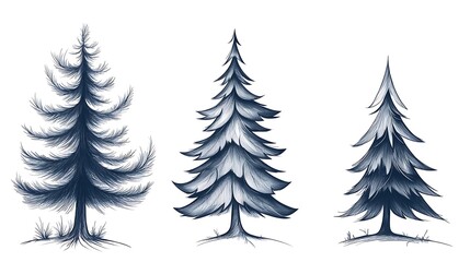 Fototapeta premium Three Ink-Drawn Evergreen Trees: A Winter Illustration Set AI Generated