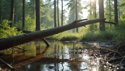Cinematic view of a tranquil forest stream reflecting sunlight through trees in a peaceful morning setting