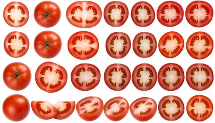 Obraz premium Red Tomatoes Whole and Sliced, Isolated on White Background
