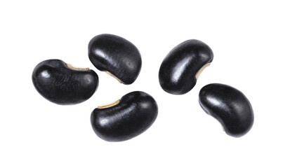 Black beans close up, isolated on white background, top view.	
