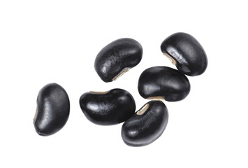 Black beans close up, isolated on white background, top view.	
