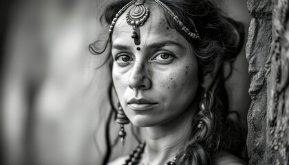 A black and white portrait of a young woman with ethnic jewelry conveys deep emotions and a rich culture. The atmosphere of the picture creates a sense of historical value and artistic skill.