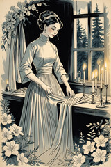 Black and white rustic drawing of a woman sewing traditional Chinese dress showcasing elegant craftsmanship Classic Chinese Illustration