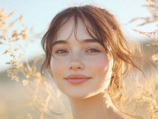 Fototapeta premium Generative AI Portrait Young Woman Freckles Golden Hour Dried Grass Outdoor Sunset Natural Beauty
