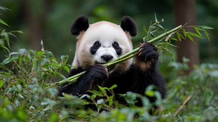 Naklejka premium A cute panda leisurely chews bamboo in a lush green enclosure, embodying tranquility and nature at its finest.