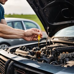 Man Adding Oil to Car Engine