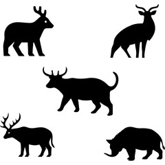 Vector graphics show a collection of deer and a rhinoceros.