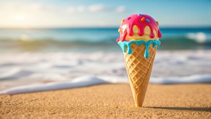 Summer vacation bliss melting ice cream cone on the beach warm sunshine coastal serenity
