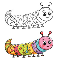 Caterpillar Insect Isolated Line Art Vector Outline Illustration Black and White with Coloring Sample
