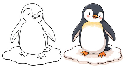 Penguin Line Art Vector Outline Illustration Black and White with Coloring Sample