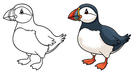 Puffin Line Art Vector Outline Illustration Black and White with Coloring Sample