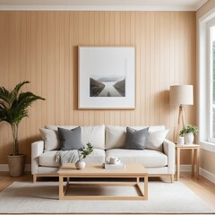 Fototapeta premium Modern Living Room Interior with Light Beige Sofa and Wooden Accents