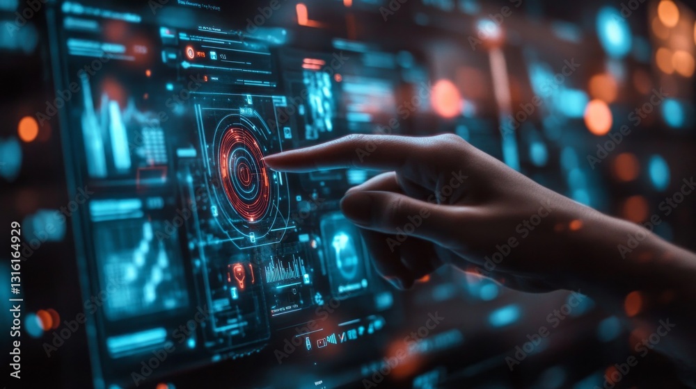 Poster A hand reaches out to touch a vibrant digital interface filled with intricate graphs and bright data visualizations. The atmosphere is tech-savvy and modern, reflecting innovation