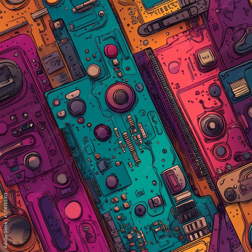 Poster the futuristic technology of stock hardware and cpu microchip is depicted in a seamless pattern of c