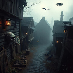 Naklejka premium Dark Medieval Scene of Bubonic Plague Disease with Rats, Fog, and Abandoned Village – Historical Epidemic Concept illustration