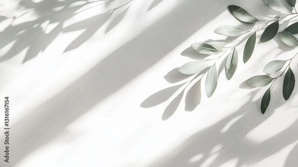 Poster sunlight filters through fresh leaves, casting intricate shadows on a clean white background. the ge