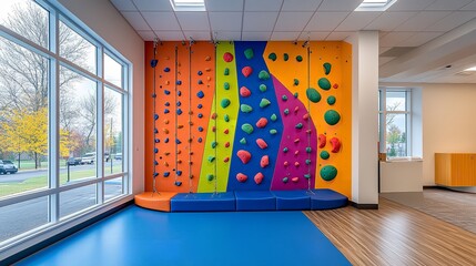A vibrant climbing wall in a therapy center, designed to improve motor skills in pediatric physical therapy.