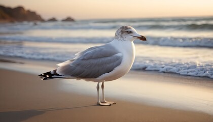 Fototapeta premium Seagull on Sandy Beach at Sunset