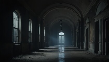 Fototapeta premium Dark and Mysterious Hallway in Abandoned Building