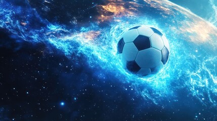 Naklejka premium Fiery soccer ball in space, cosmic energy, glowing flames.