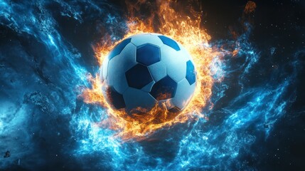Fototapeta premium Fiery soccer ball engulfed in flames and icy blue energy, dynamic sports motion.