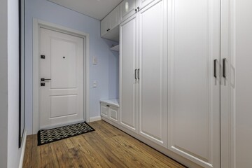 Stylish Hallway with White Storage and Wooden Flooring