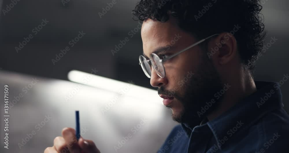 Poster man, designer and drawing at night, thinking or editing process for creativity, perspective and work