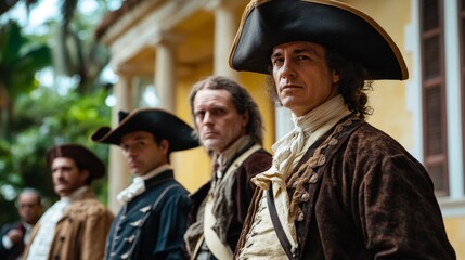 Historical reenactment with four caucasian adult males in 18th century attire