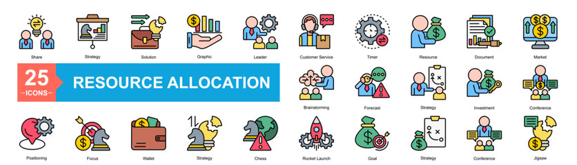 Resource Allocation Icon Sheet Share, Positioning, Brainstorming, Strategy, Solution, Graphic, Leader, Customer Service, Timer, Resource, Document, Market, Focus, Wallet