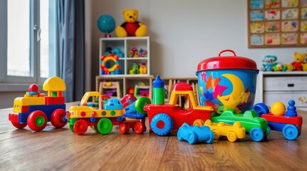 Colorful Toy Vehicles and Playset in Playroom