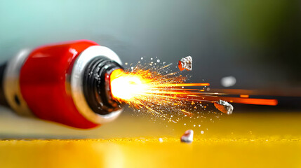 A tool emitting sparks and ejecting small pieces of material