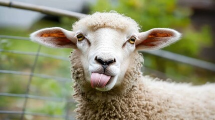 Sheep with Tongue Out in a Farm Setting