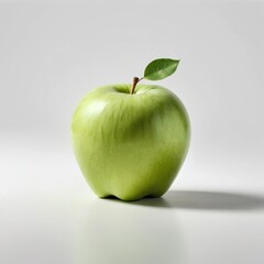 Single Green Apple with Leaf on White Background