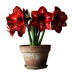 A Potted Amaryllis Plant with Large Red Flowers Isolated on Transparent Background