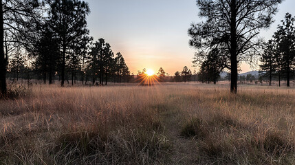 Fototapeta premium A golden sunrise illuminates a field of tall dry grasses
