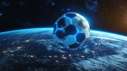 Futuristic glowing soccer ball hovering above Earth at night.