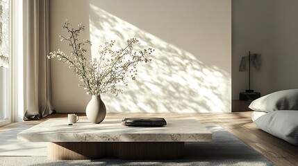 Minimalist modern living room with natural light and a neutral color palette