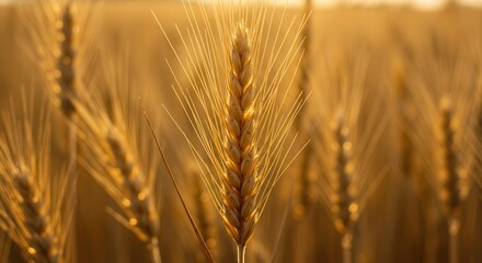 Golden Wheat Field at Sunset with Warm Light and Grain Close-up