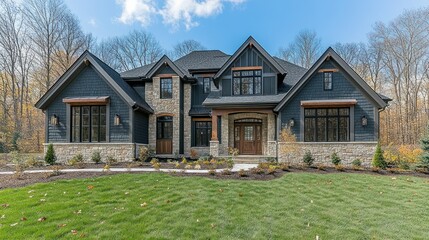 Luxurious dark-gray home autumnal landscape