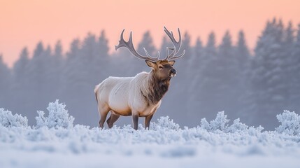 Majestic bull elk in snowy winter forest at dawn