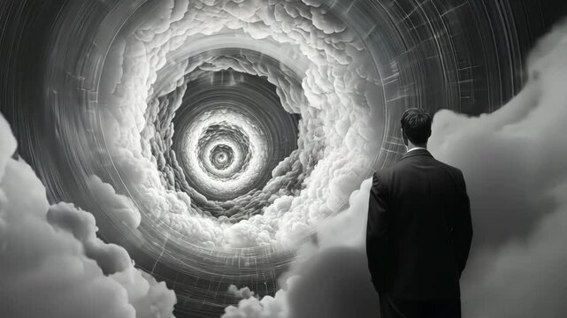 A man in a suit stands before a swirling vortex of clouds and data, representing time distortion and altered perception in a monochrome surreal setting.