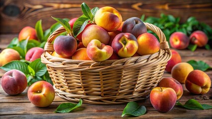 Harvesting fresh peaches a rustic basket of juicy fruits amidst a sunlit orchard