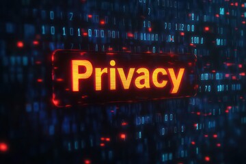 A striking image of the word "Privacy" standing out against a dark background filled with scattered alphanumeric characters, representing the concept of data confidentiality.